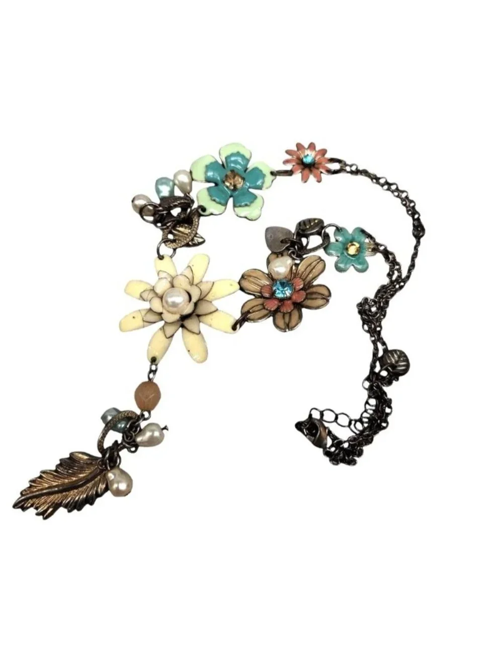 Vintage Plunder Dangling Flower Necklace Multicolor Rhinestones Silver Tone 20" - Picture 15 of 16